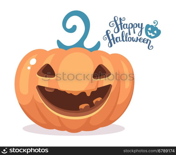 Vector halloween illustration of decorative orange pumpkin with eyes, smiles, teeth and text happy halloween on white background. Flat style design for halloween greeting card, poster, web, site, banner.