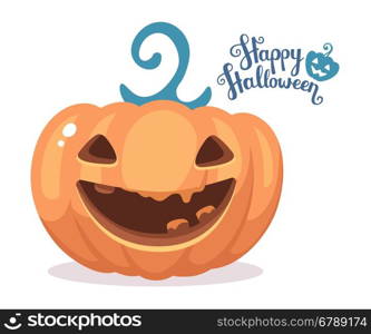 Vector halloween illustration of decorative orange pumpkin with eyes, smiles, teeth and text happy halloween on white background. Flat style design for halloween greeting card, poster, web, site, banner.