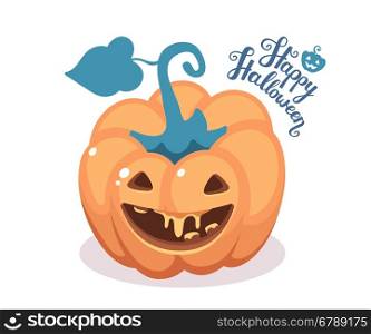 Vector halloween illustration of decorative orange pumpkin with eyes, smiles, teeth and text happy halloween on white background. Top view design for halloween greeting card, poster, web, site, banner.