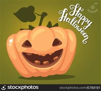 Vector halloween illustration of decorative orange pumpkin with eyes, smiles, teeth and text happy halloween on green gradient background. Flat style design for halloween greeting card, poster, web, site, banner.