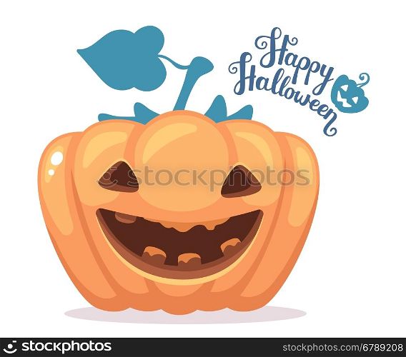 Vector halloween illustration of decorative orange pumpkin with eyes, smiles, teeth and text happy halloween on white background. Flat style design for halloween greeting card, poster, web, site, banner.