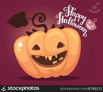 Vector halloween illustration of decorative orange pumpkin with eyes, smiles, teeth and text happy halloween on dark gradient background. Flat style design for halloween greeting card, poster, web, site, banner.