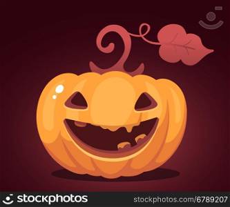 Vector halloween illustration of decorative orange pumpkin with eyes, smiles, teeth on dark background. Flat style design for halloween greeting card, poster, web, site, banner.
