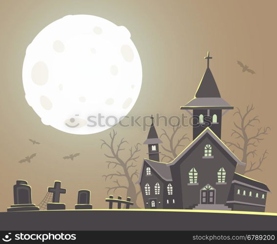 Vector halloween illustration of haunted house, cemetery, bats, big full moon on gray background with trees. Flat style design of scary castle for halloween greeting card, poster, web, site, banner.
