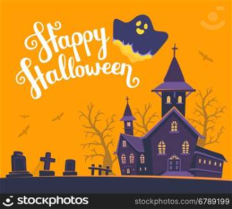 Vector halloween illustration of haunted house, cemetery, bats on orange background with trees, text, ghost. Flat style design of scary castle for halloween greeting card, poster, web, site, banner.