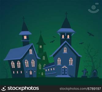 Vector halloween illustration of haunted house, cemetery, bats with trees on dark green background. Flat style design of scary castle for halloween greeting card, poster, web, site, banner.