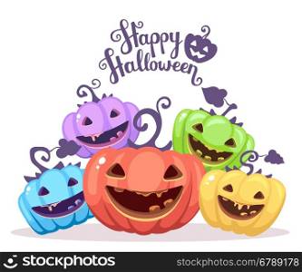 Vector halloween illustration of heap decorative pumpkins of different colors with eyes, smiles, teeth and text happy halloween on white background. Flat style design for halloween greeting card, poster, web, site, banner.