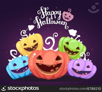 Vector halloween illustration of heap decorative pumpkins of different colors with eyes, smiles, teeth and text happy halloween on dark background. Flat style design for halloween greeting card, poster, web, site, banner.