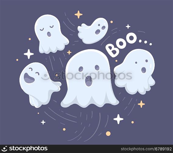 Vector halloween illustration of many white flying ghosts with eyes, mouths on dark blue background with stars. Flat style design for halloween greeting card, poster, web, site, banner