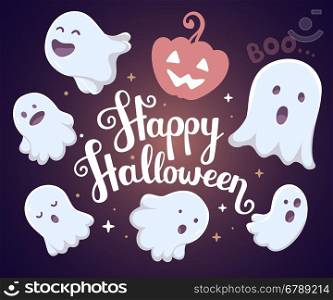 Vector halloween illustration of many white flying ghosts with eyes, mouths on dark background with words happy halloween and pumpkin. Flat style design for halloween greeting card, poster, web, site, banner