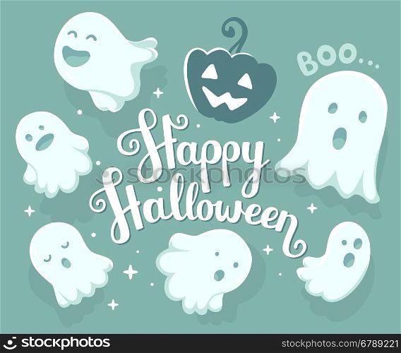 Vector halloween illustration of many white flying ghosts with eyes, mouths on light blue background with stars, words happy halloween and pumpkin. Flat style design for halloween greeting card, poster, web, site, banner