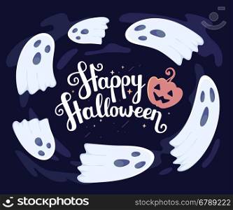 Vector halloween illustration of many white flying ghosts with eyes, mouths on dark blue background with clouds, words happy halloween and pumpkin. Flat style design for halloween greeting card, poster, web, site, banner