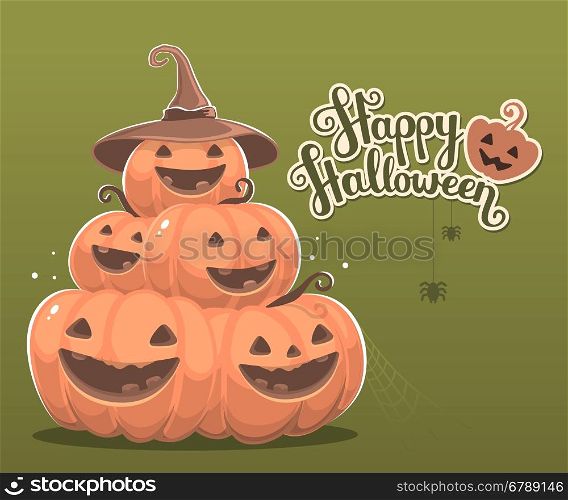 Vector halloween illustration of pile of decorative orange pumpkins with hat, eyes, smiles, spiders, web and text happy halloween. Flat style design for halloween greeting card, poster, web, site, banner.