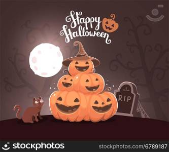Vector halloween illustration of pile of decorative orange pumpkins with hat, eyes, smiles, cat, web, moon, headstone at the cemetery and text happy halloween. Flat style design for halloween greeting card, poster, web, site, banner.