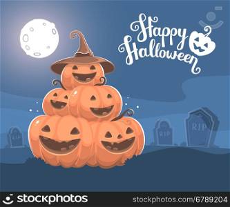 Vector halloween illustration of pile of decorative orange pumpkins with hat, eyes, smiles, full moon, headstone at the cemetery and text happy halloween. Flat style design for halloween greeting card, poster, web, site, banner.
