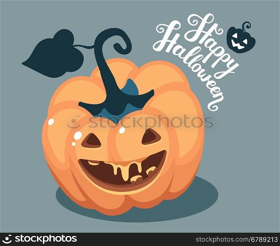 Vector halloween illustration of top view decorative orange pumpkin with eyes, smiles, teeth and text happy halloween on blue background. Flat style design for halloween greeting card, poster, web, site, banner.