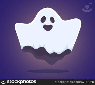 Vector halloween illustration of white flying ghost with eyes, mouth, hands on dark blue gradient background. Flat style design for halloween greeting card, poster, web, site, banner