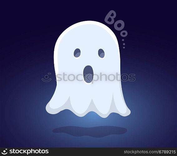 Vector halloween illustration of white flying ghost with eyes, mouth on dark blue gradient background. Flat style design for halloween greeting card, poster, web, site, banner