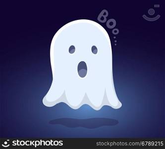 Vector halloween illustration of white flying ghost with eyes, mouth on dark blue gradient background. Flat style design for halloween greeting card, poster, web, site, banner