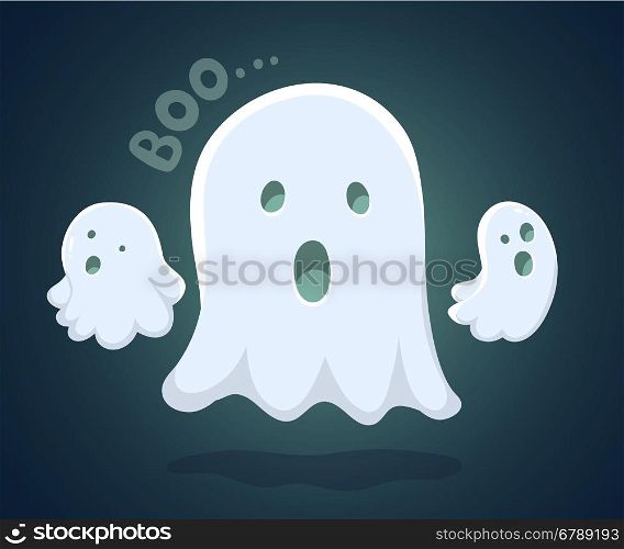 Vector halloween illustration of white flying three ghosts with eyes, mouths on dark blue gradient background. Flat style design for halloween greeting card, poster, web, site, banner