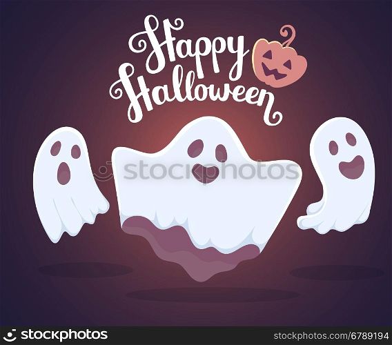 Vector halloween illustration of white flying three ghosts with eyes, mouths on dark blue gradient background with words happy halloween and pumpkin. Flat style design for halloween greeting card, poster, web, site, banner