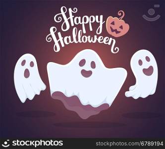 Vector halloween illustration of white flying three ghosts with eyes, mouths on dark blue gradient background with words happy halloween and pumpkin. Flat style design for halloween greeting card, poster, web, site, banner