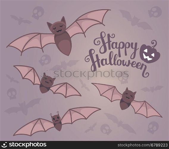 Vector halloween illustration with bats, text, pumpkin and flying silhouettes of bat, skull on dark background. Flat style design for halloween greeting card, poster, web, site, banner.