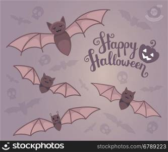 Vector halloween illustration with bats, text, pumpkin and flying silhouettes of bat, skull on dark background. Flat style design for halloween greeting card, poster, web, site, banner.