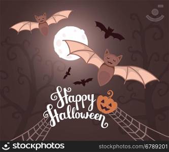 Vector halloween illustration with flying bats on moonlit night on dark trees background with text, pumpkin, spider web. Flat style design for halloween greeting card, poster, web, site, banner.