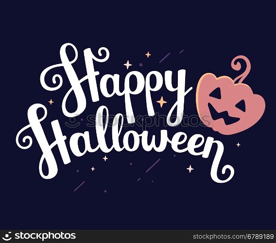 Vector halloween illustration with text happy halloween and orange pumpkin on dark night background with stars. Flat style design for halloween greeting card, poster, web, site, banner.