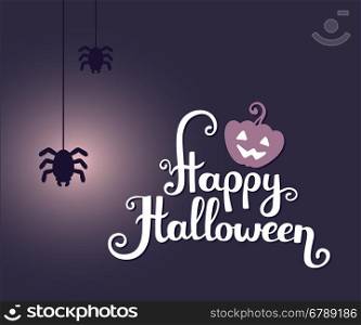 Vector halloween illustration with text happy halloween, glowing pumpkin and spiders on dark background. Flat style design for halloween greeting card, poster, web, site, banner.