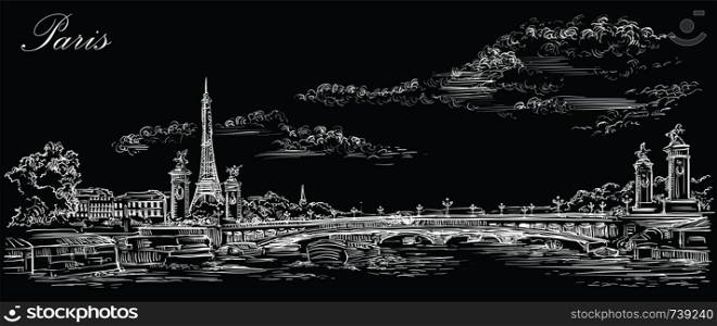 Vector hand drawing Illustration of Eiffel Tower (Paris, France). Landmark of Paris. Panoramic cityscape with Eiffel Tower and Pont Alexandre III, view on Seine river embankment. Vector hand drawing illustration in white color isolated on black background.