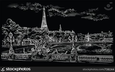Vector hand drawing Illustration of Eiffel Tower (Paris, France). Landmark of Paris. Cityscape with Eiffel Tower and Pont Alexandre III, view on Seine river embankment. Vector hand drawing illustration in white color isolated on black background.