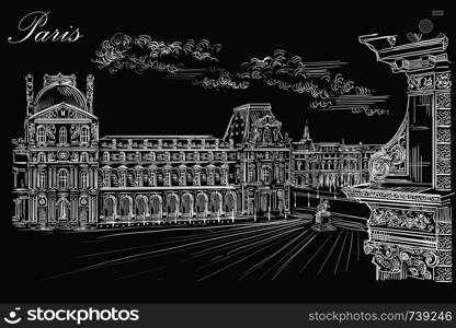 Vector hand drawing Illustration of Louvre museum (Paris, France). Landmark of Paris. Cityscape with Louvre museum. Vector hand drawing illustration in white color isolated on black background.