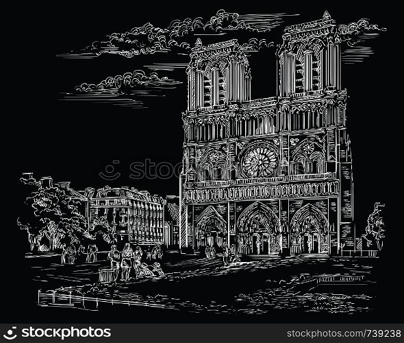 Vector hand drawing Illustration of Notre Dame Cathedral (Paris, France). Landmark of Paris. Cityscape with Notre Dame Cathedral. Vector hand drawing illustration in white color isolated on black background.
