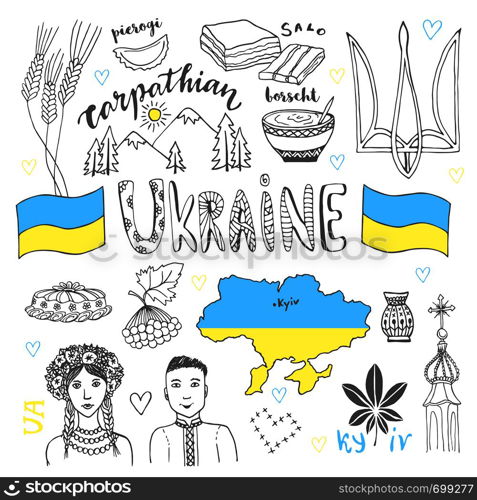 Vector hand drawn line art set of Ukraine signs and people characters. Ukrainian icons collection with tradition food.. Vector hand drawn line art set of Ukraine signs and people characters. Ukrainian icons collection with tradition food