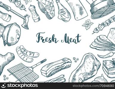 Vector hand drawn meat elements gathered around lettering background illustration. Vector hand drawn meat elements