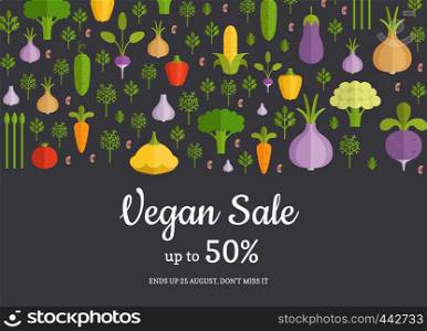 Vector handdrawn fruits and vegetables horizontal sale background. Vegan banner vegetable sale illustration. Vector flat vegetables horizontal shop, market sale background
