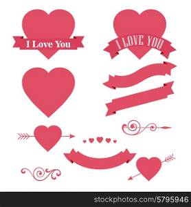 Vector Happy Valentines Day design element. Ornaments, Hearts, Ribbon and Arrow