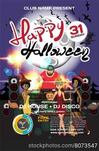 Vector helloween party invitation disco style. Night club, dj, women, disco ball moon, template posters or flyers