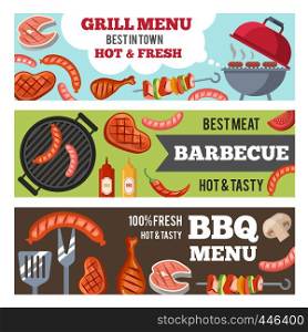 Vector horizontal banners set with illustrations of different foods for bbq party. Meat and sausage cooking grilled poster. Vector horizontal banners set with illustrations of different foods for bbq party
