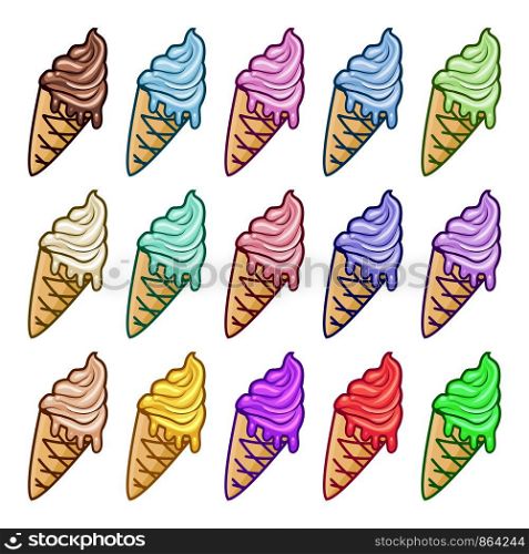 vector ice cream cones isolated on white background. variety of colorful icecream cones drawing with vanilla, fruit and chocolate ice-cream