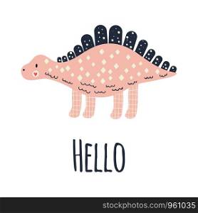 Vector illustration. Cute dinosaur stegosaurus. Print for kids with the text hello. Pink, white, dark blue.. Vector illustration. Cute dinosaur stegosaurus. Print for kids w