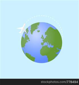Vector illustration Earth with plane globe with blue backround flat design