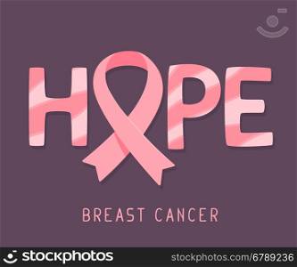 Vector illustration for breast cancer awareness month with pink ribbon, cancer awareness symbol and word hope on dark background. Flat style design for poster, banner, web, site