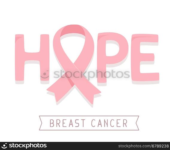 Vector illustration for breast cancer awareness month with pink ribbon, cancer awareness symbol and word hope on white background. Flat style design for poster, banner, web, site