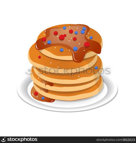 Vector illustration. Fresh tasty hot pancakes with sweet maple syrup. Cartoon icon isolated on background. Vintage restaurant sign. . Fresh tasty hot pancakes with sweet maple syrup. Cartoon icon isolated on background. Vintage restaurant sign. Vector illustration, eps10.