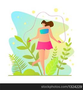 Vector Illustration Girl Jumping Rope Cartoon. Creative Fashion Girl on Street Pulls on Rope. Flyer Healthy Lifestyle for Young Woman. Rest During Holidays. Tourism and Recreation.