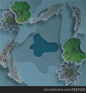Vector illustration in paper cut style. koi fish, water pond with lotus background.