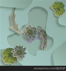 Vector illustration in paper cut style. koi fish, water pond with lotus background.